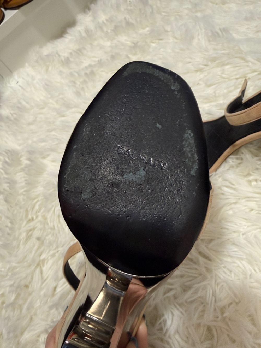 Balmain Beige Suede Ankle-Strap Heels with Sculptural Metallic Logo Heel - Picture 3 of 8
